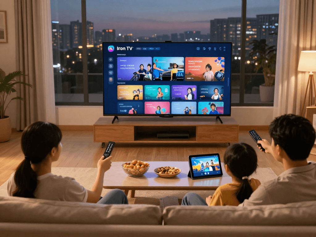 Famille appréciant le service IPTV Iron TV sur leur Smart TV, ambiance chaleureuse et divertissante
