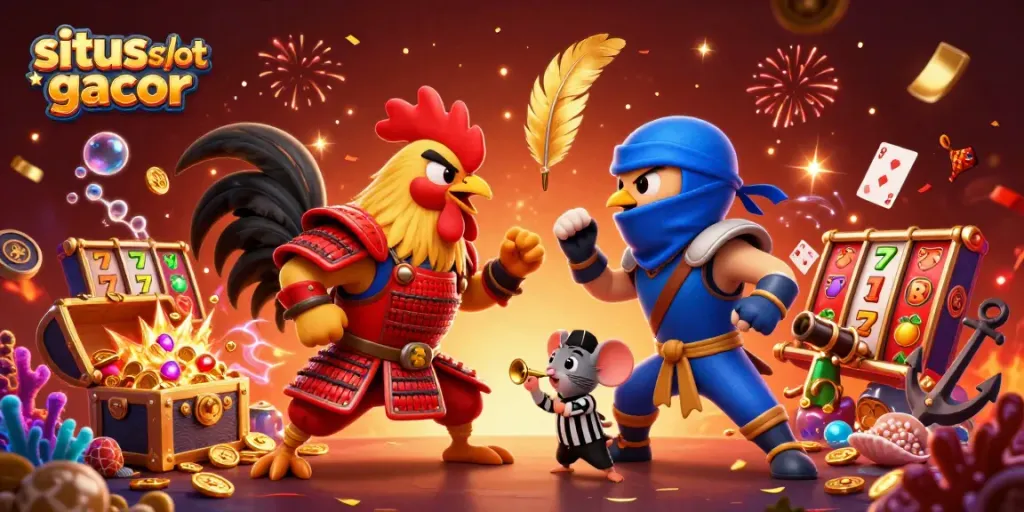 Engaging illustration portraying situs slot gacor with cartoon fighting roosters, slot reels, and dynamic casino elements.