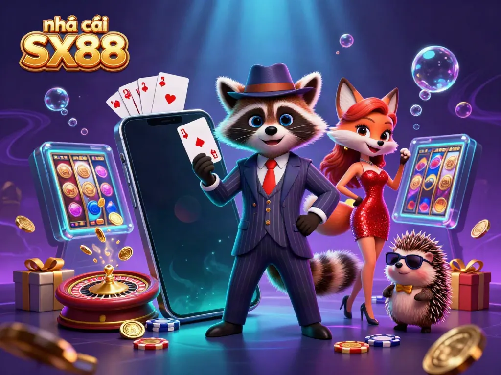 Engage with the dynamic scene featuring nhà cái SX88, where a suave raccoon and charming fox enjoy vibrant casino action.