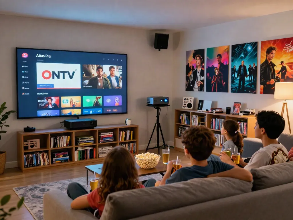 Expérience familiale de divertissement avec l'application Atlas Pro ONTV sur grand écran.
