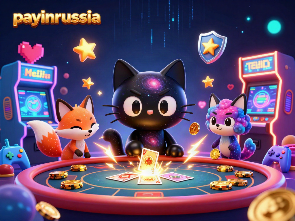 Payer à l'aide de payinrussia avec un chat trou noir et un renard nébuleux inédits aux éléments de casino colorés.