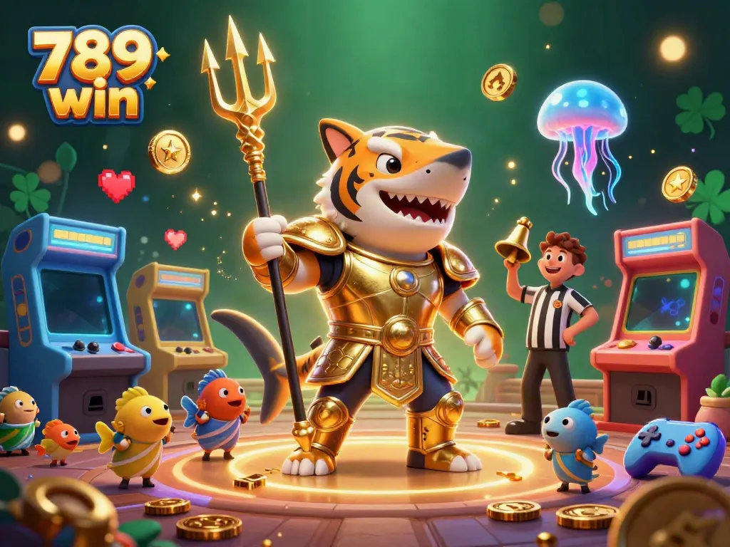 Join the action with 789 win in this dynamic 3D casino scene featuring a golden shark gladiator.