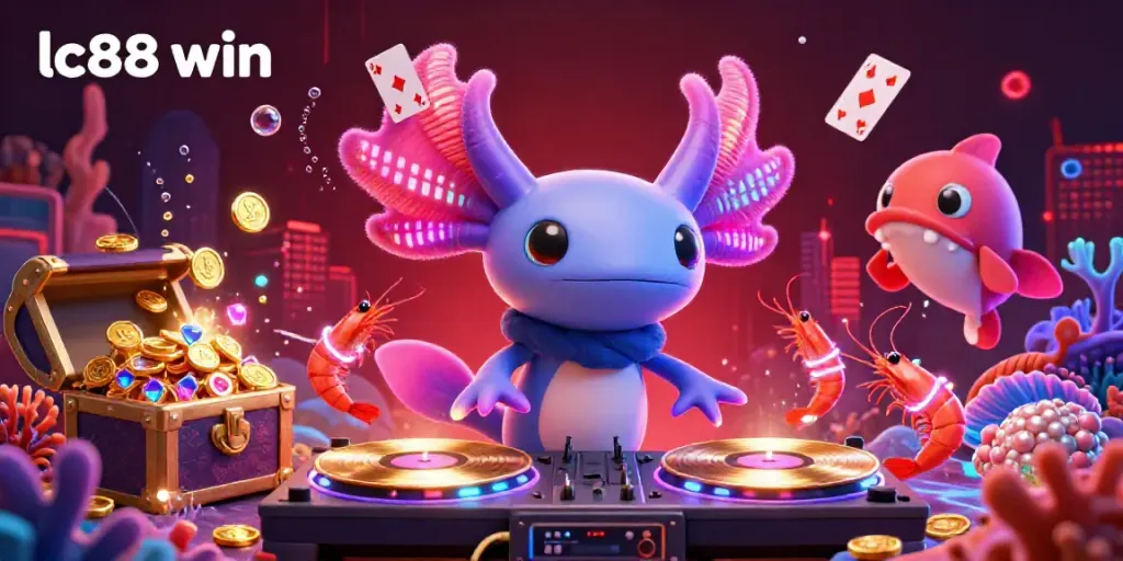 Experience vibrant underwater fun with lc88 win featuring a neon axolotl DJ and dancing sea life in a thrilling casino scene.