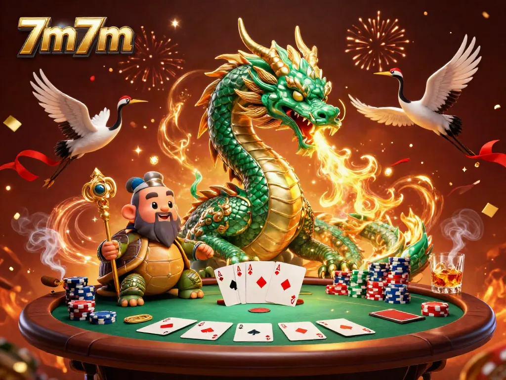 Experience the excitement of 7m7m with a majestic dragon and poker elements in a vibrant casino scene.