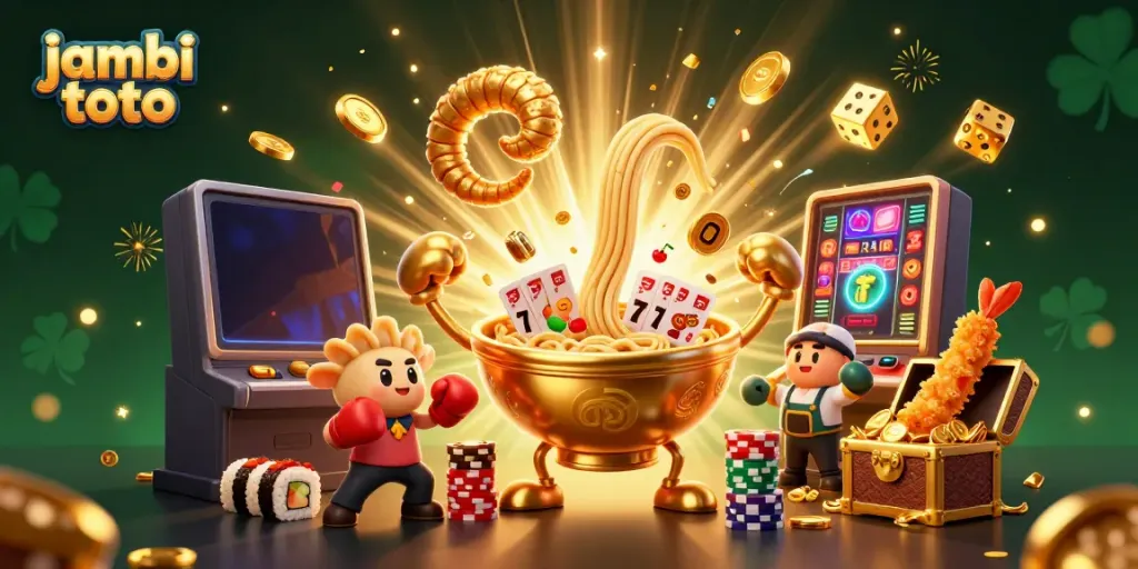 Engage with jambi toto in a vibrant 3D scene filled with dynamic casino elements and playful characters.