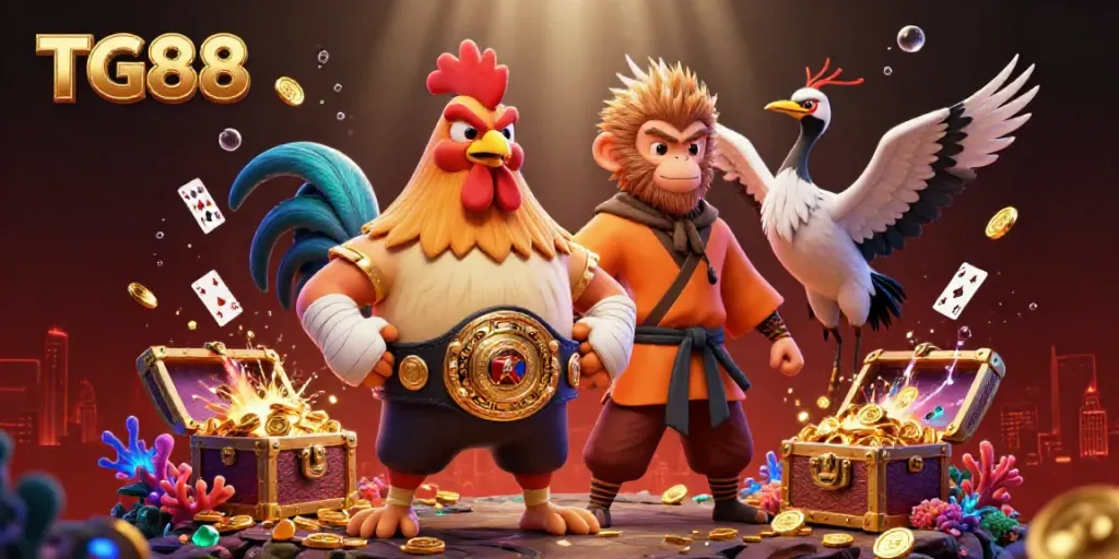 Engage with TG88, the vibrant casino world bursting with characters, gold coins, and gems.