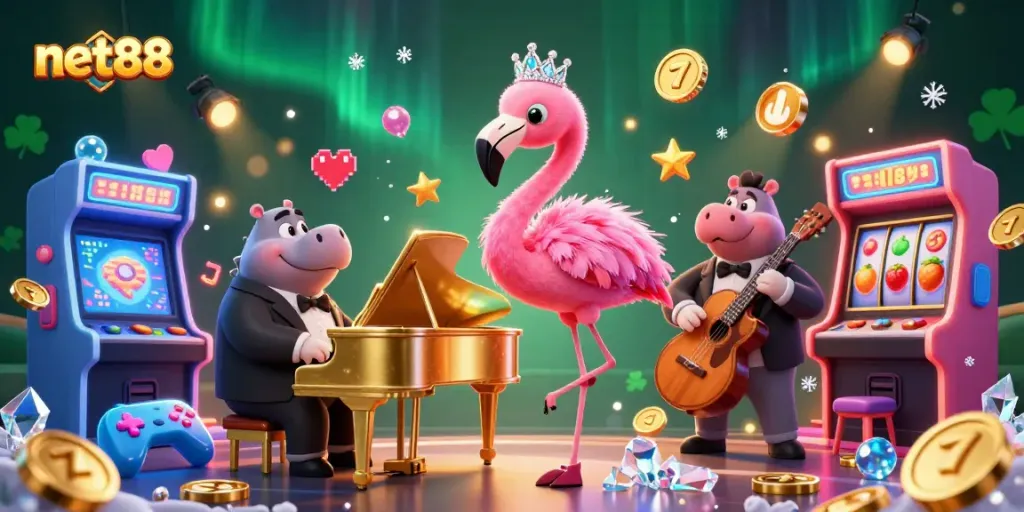 Engage with net88's vibrant casino atmosphere featuring a flamingo singer and hippo bassist.