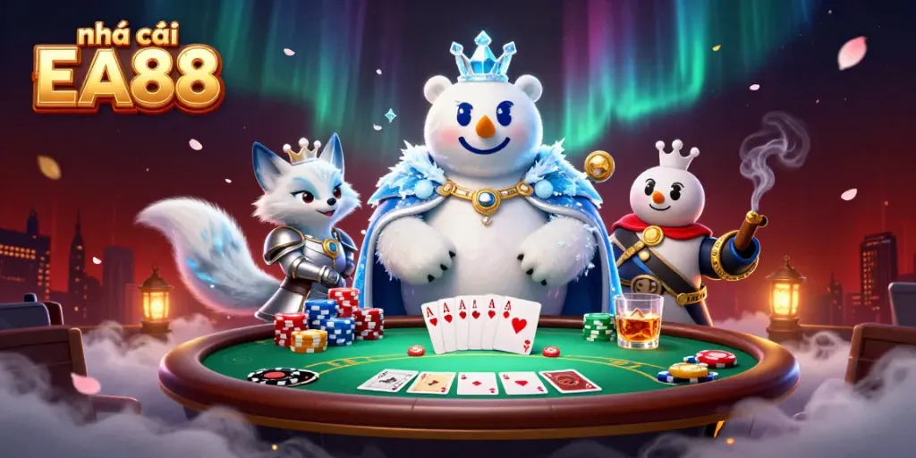 Engaging illustration showcasing nhà cái EA88, featuring a polar bear and snow fox on a vibrant poker scene.