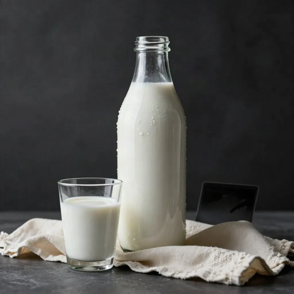 Bouteille de lait bio nue, verre de lait et linge crème sur fond sombre.