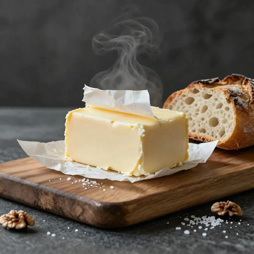 Beurre fermier, pain de campagne et fleur de sel sur une planche brute.
