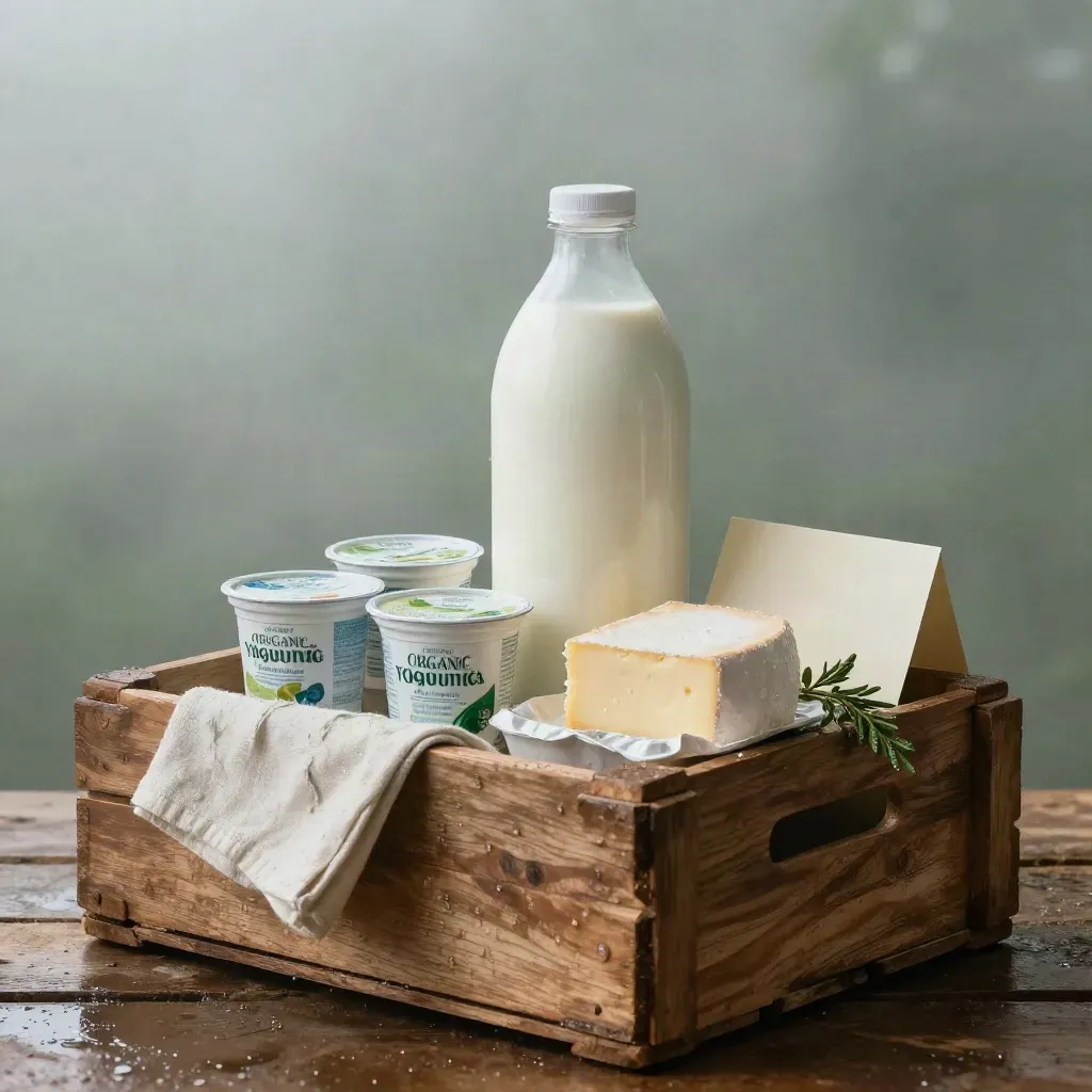 Coffret Matin Bio ouvert avec lait, yaourts, beurre et fromage frais sur caisse de chêne humide.