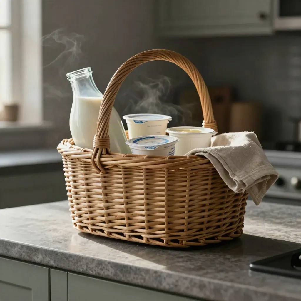 Panier en osier avec lait, yaourts et crème sur un plan de cuisine en pierre.