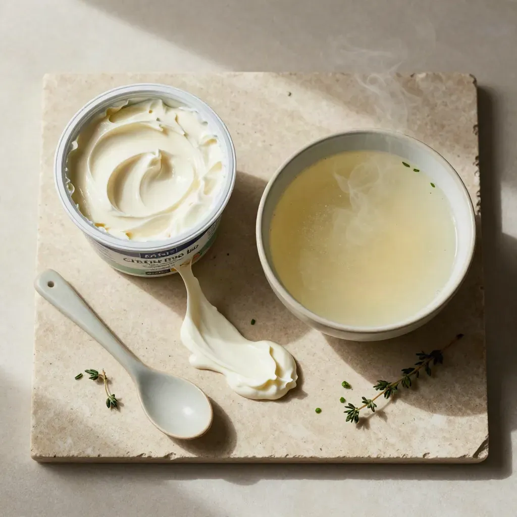 Flatlay de crème fraîche bio, bol de soupe clair, cuillère en céramique et herbes sur pierre claire.