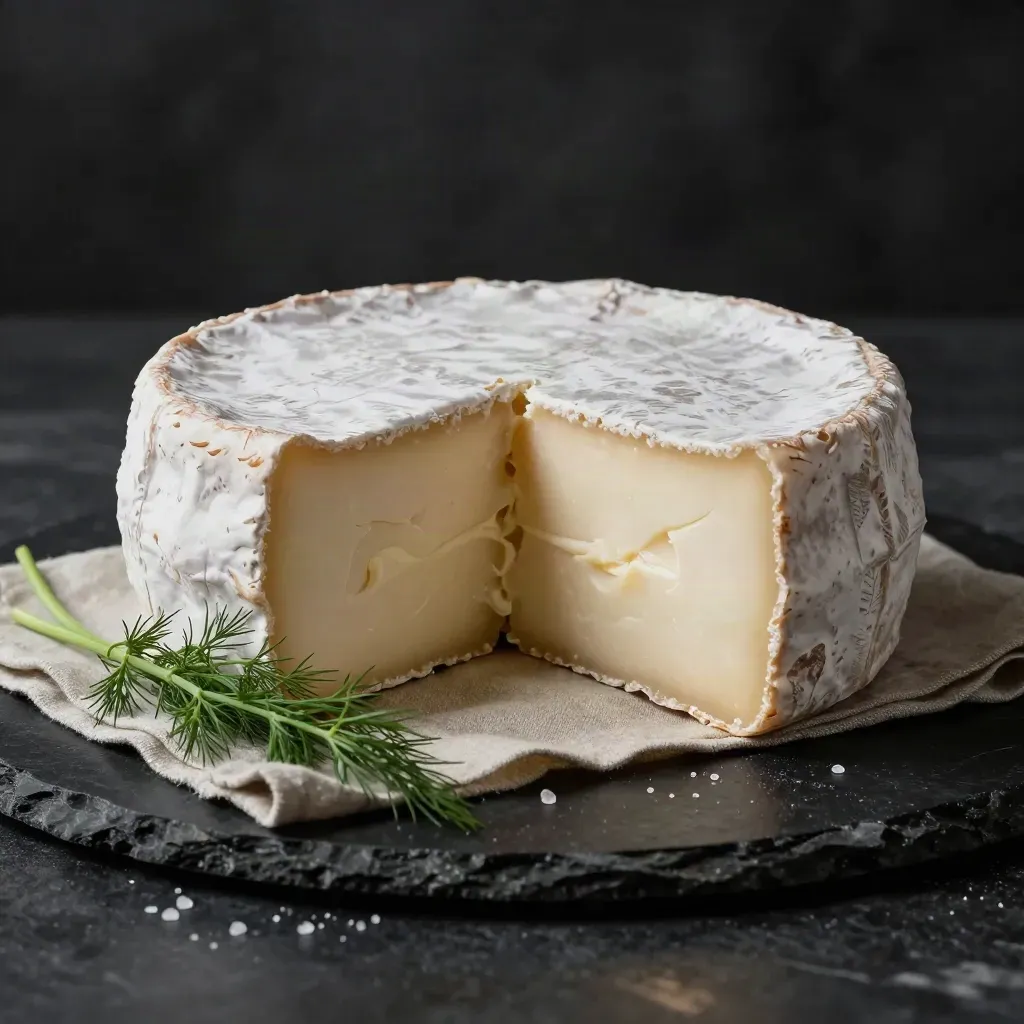 Meule de fromage fermier tranchée, sur pierre sombre, avec fenouil sauvage et linge brut.