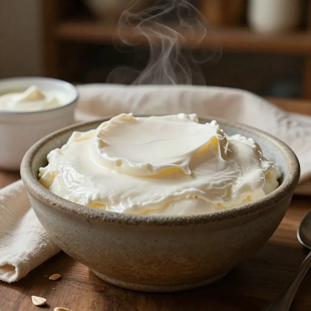 Fromage blanc fermier en bol de grès, linge crème et petit pot sur bois chaud, vue macro