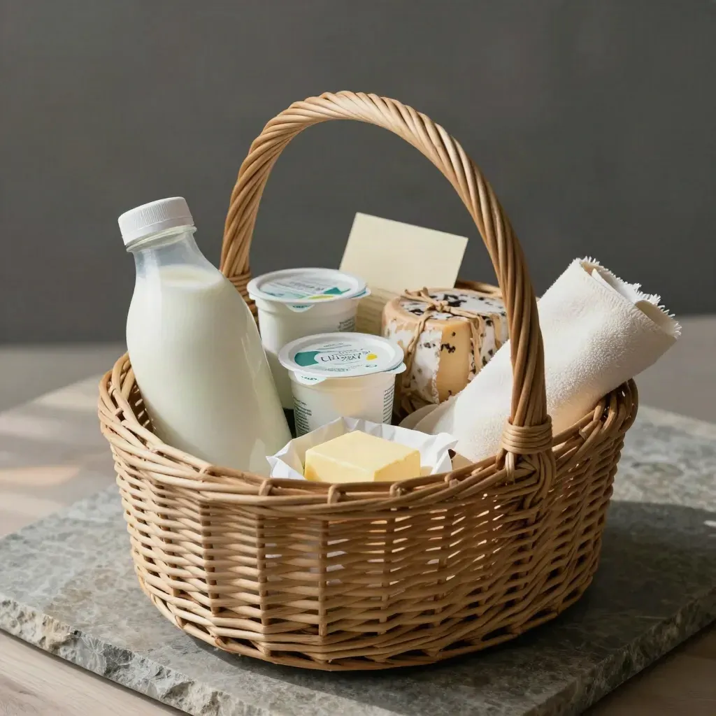 Panier en osier avec lait, yaourts, fromage, beurre et torchon sur pierre claire.