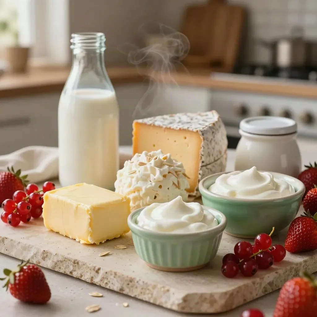 Coffret petit déjeuner bio avec lait, beurre, yaourts, fromage frais et fruits rouges.