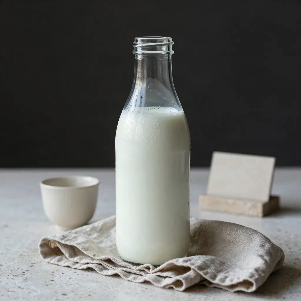 Bouteille de lait bio demi-écrémé en verre, linge de lin pâle, sur travertin clair.