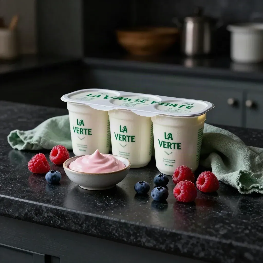 Pack de 4 yaourts aux fruits rouges, framboises, myrtilles et crème rose sur fond sombre.