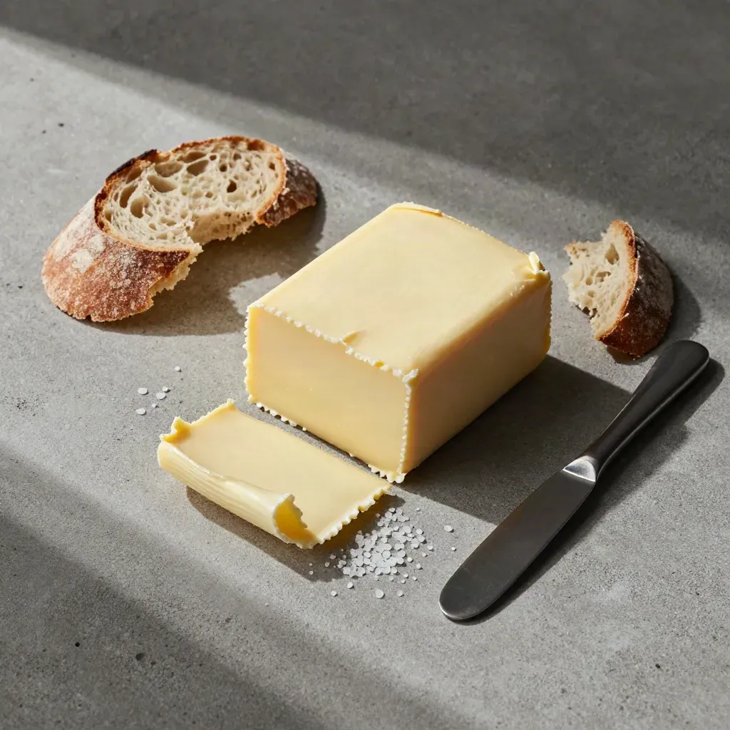 Plaquette de beurre demi-sel, pain rustique, fleur de sel et petit couteau sur pierre grise.