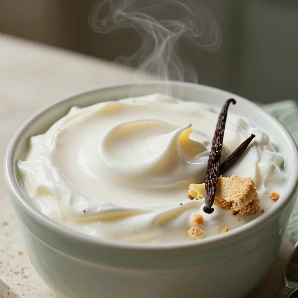 Pot de fromage blanc vanille ouvert, surface satinée, gousse de vanille et miettes de biscuit sur travertin.