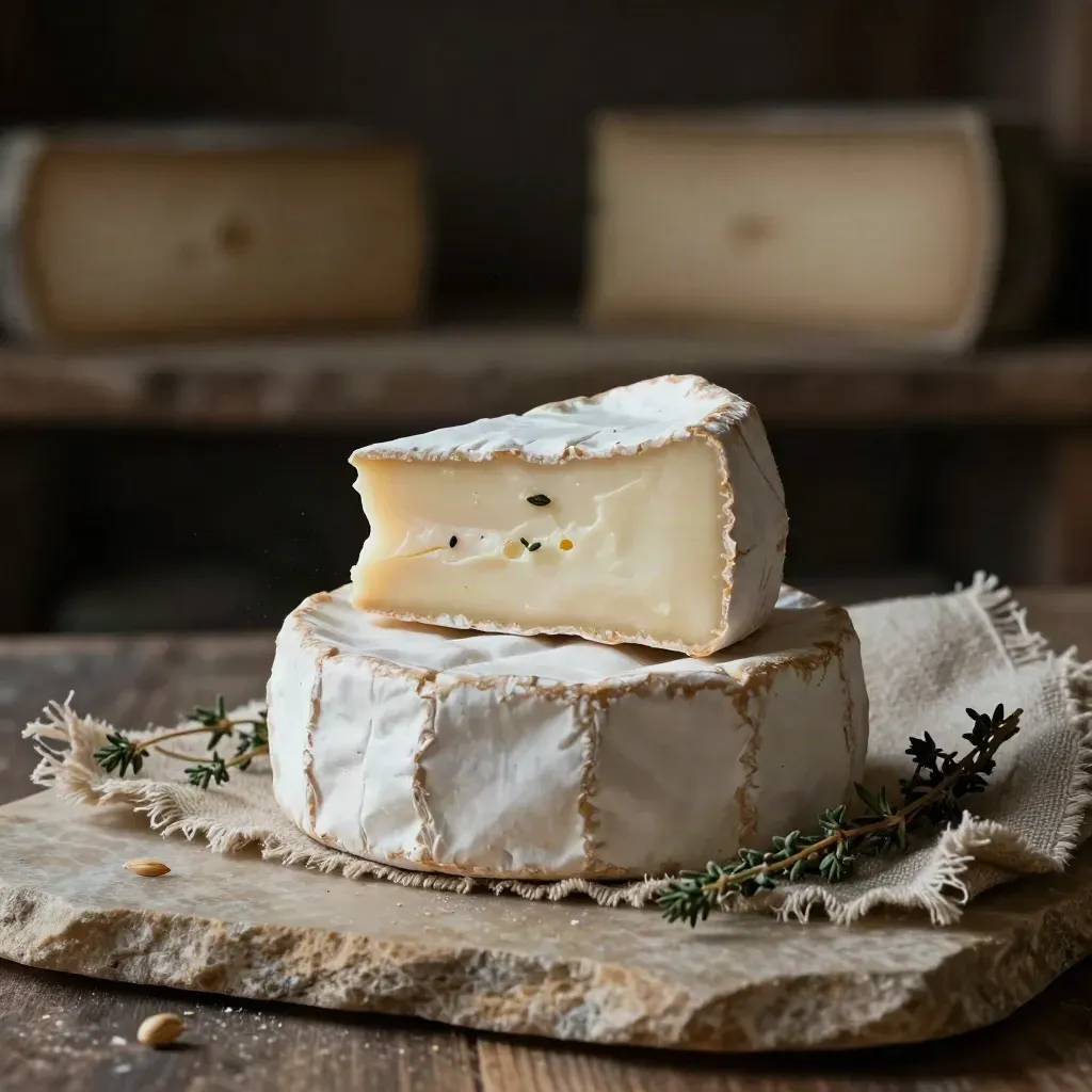 Tomme de ferme en demi-meule avec tranche, herbes sèches et toile de chanvre sur pierre claire.