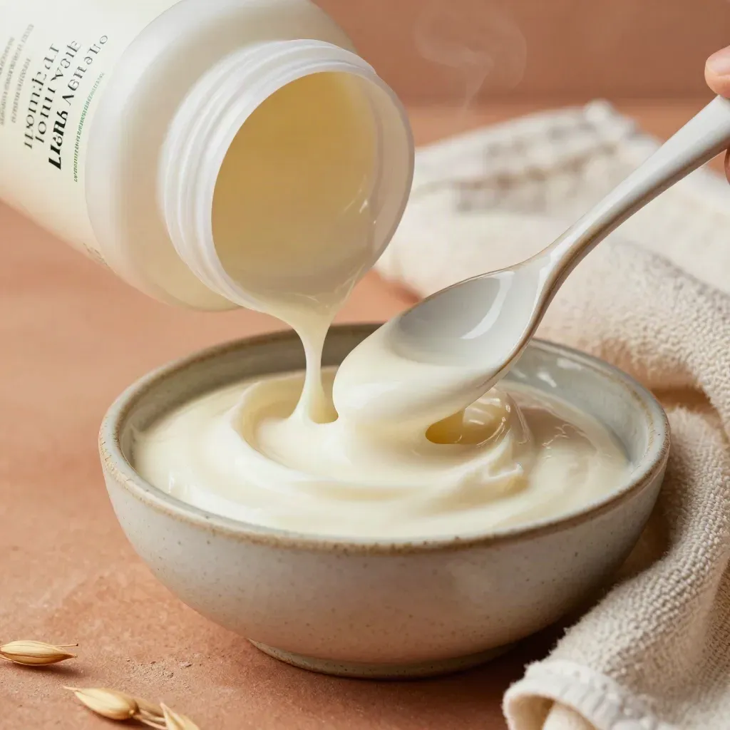 Crème entière bio en ruban dans un bol, avec cuillère céramique et torchon crème.