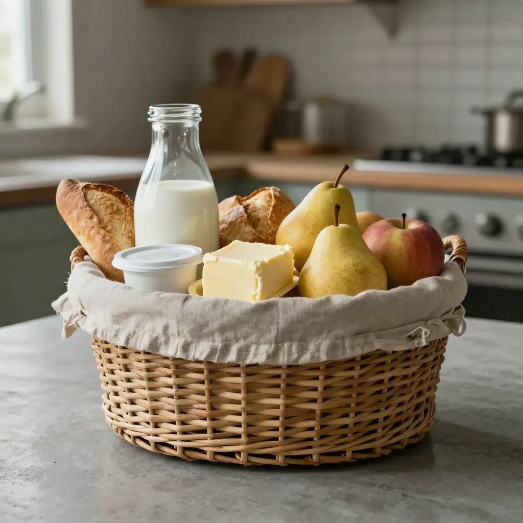 Panier brunch bio débordant de lait, yaourts, beurre, petits pains et fruits sur béton gris.