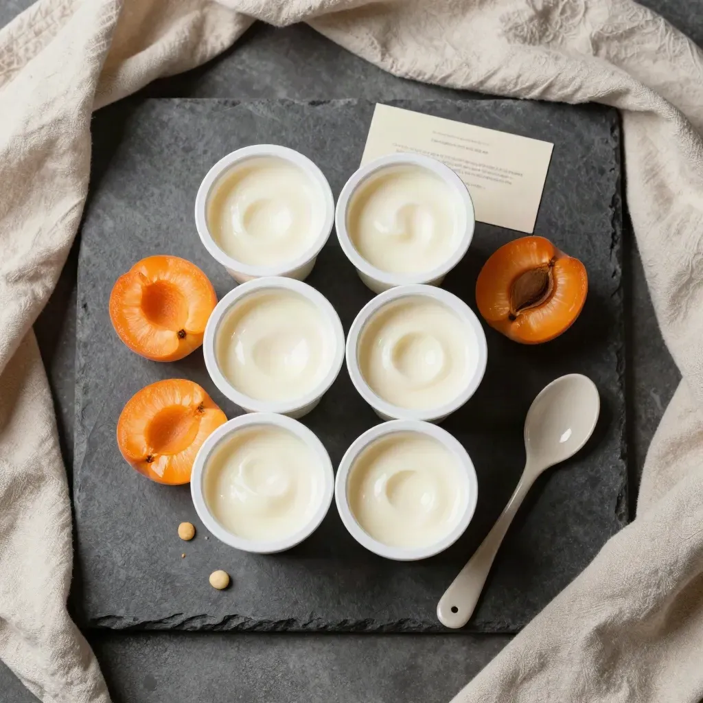 Flatlay de quatre yaourts abricot avec abricots coupés, cuillère céramique et linge écru.