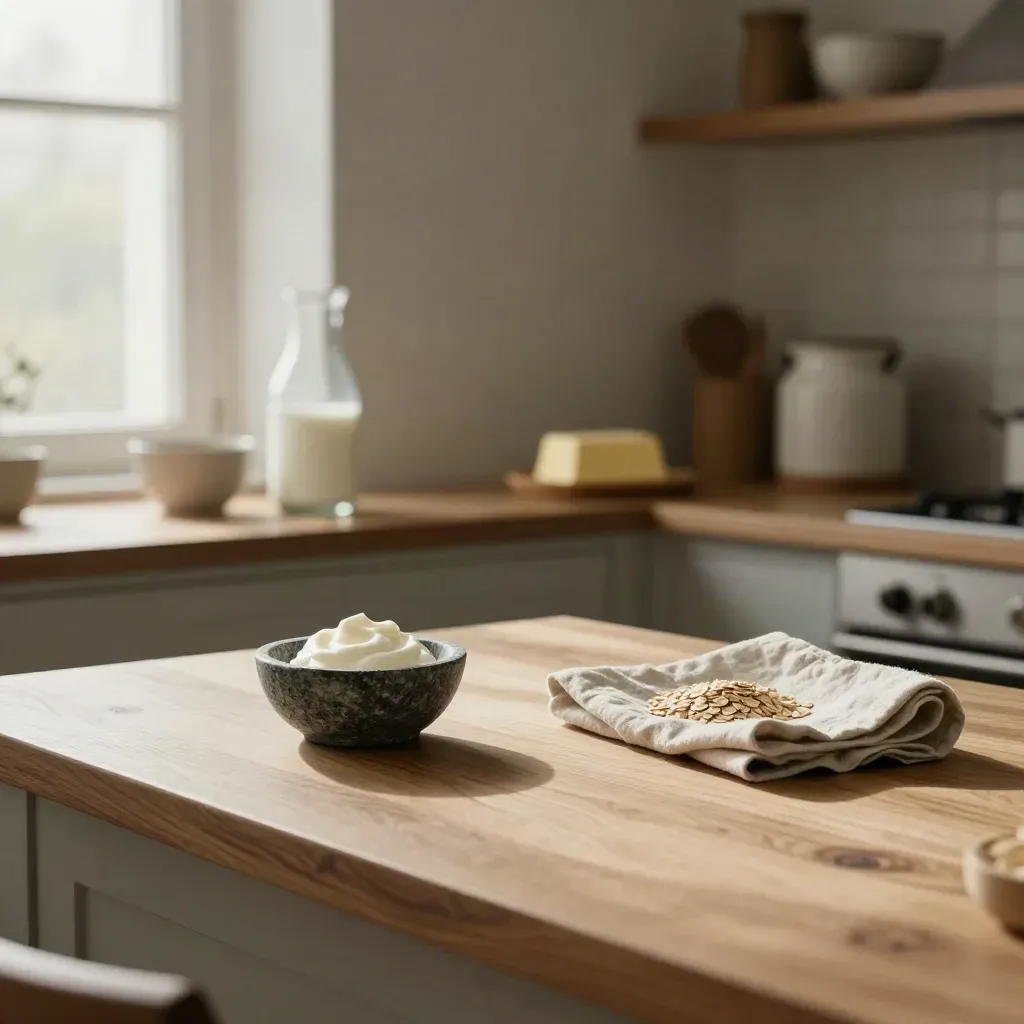Atelier cuisine claire, carafe de lait floue, bol crème et grand comptoir vide.