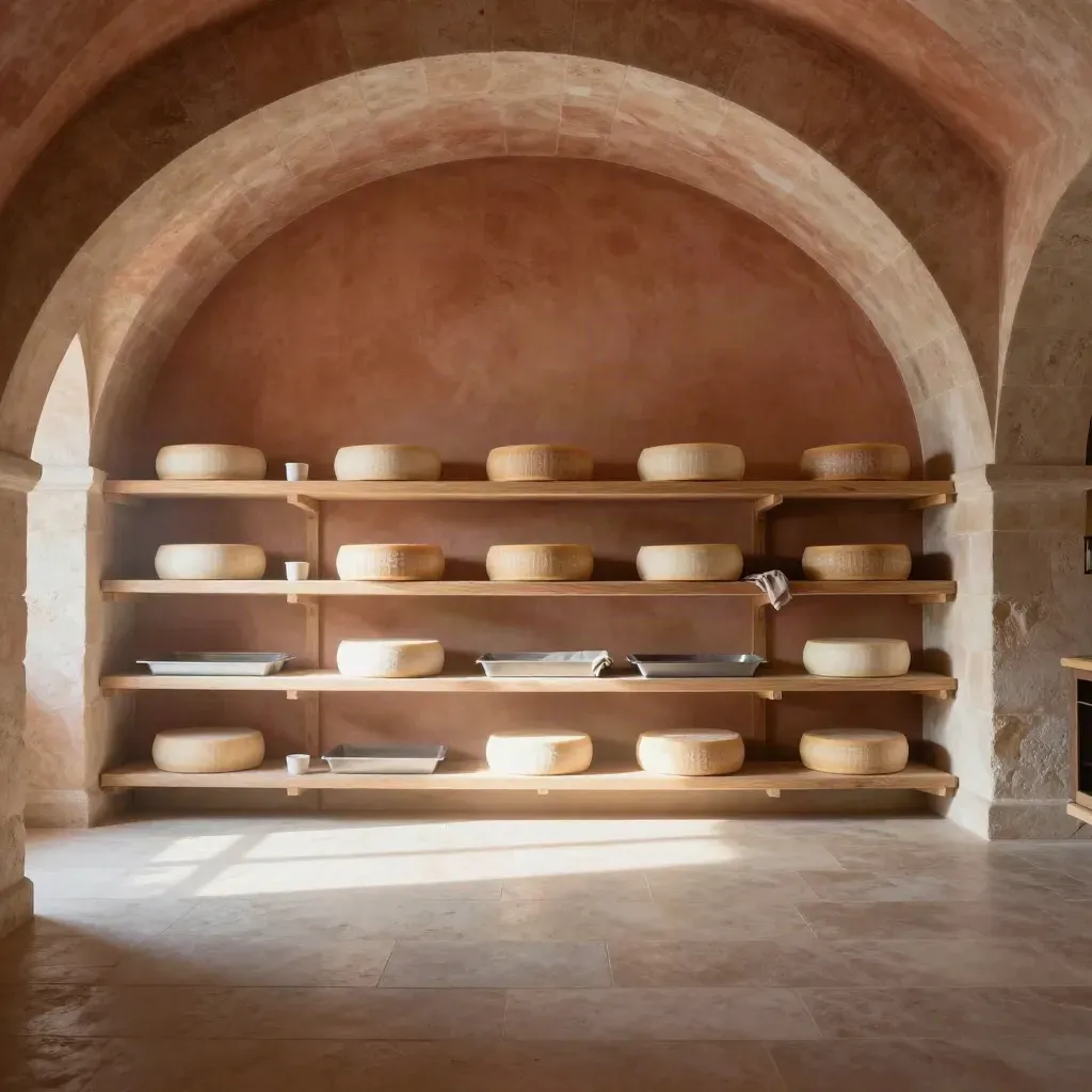 Intérieur de fromagerie en pierre avec arches, étagères en bois et meules au fond.