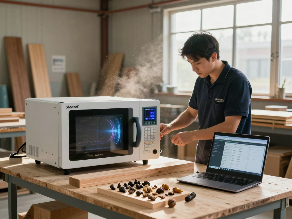 Technicien utilisant le système Shashel® pour traiter des insectes du bois dans un atelier lumineux et moderne.