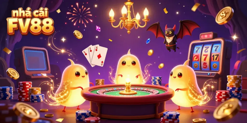 Join the excitement at nhà cái FV88 with a vibrant illustration of animated glowworms lighting up a lively casino setting.