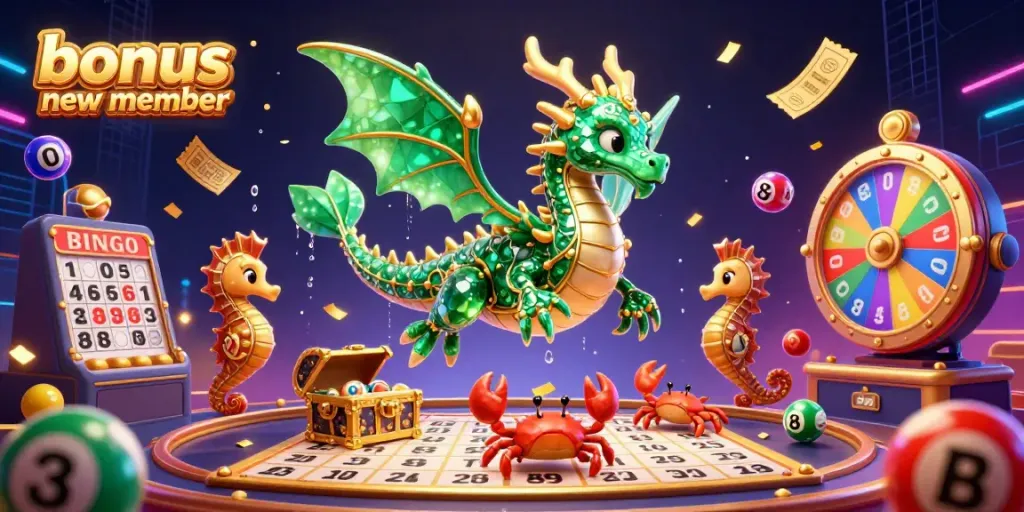 Experience the thrill of winning with bonus new member rewards depicted in a vivid casino scene featuring a sea dragon and lively elements.