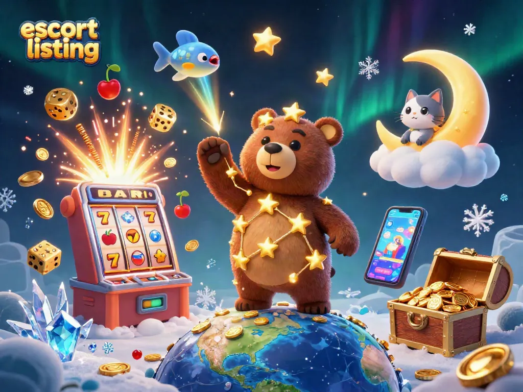 Engage with vibrant escort listing scene featuring a jackpot explosion and starry characters